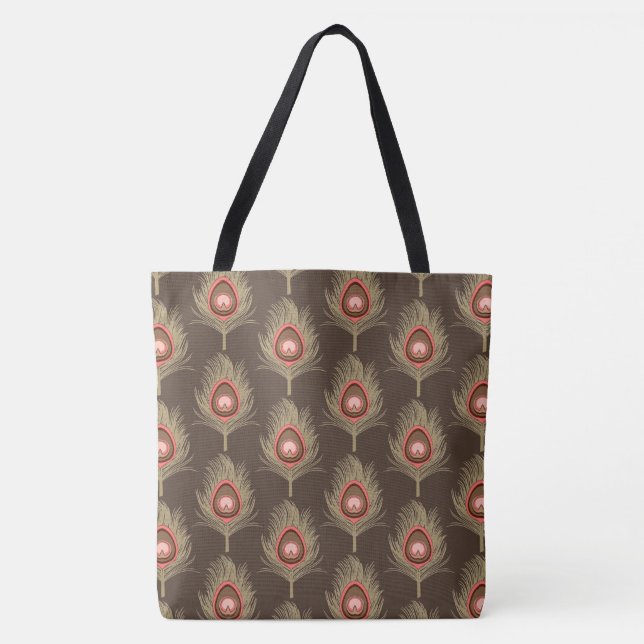 Tote Bag Plumes de paon, beige sur Brown de chocolat foncé (Devant)