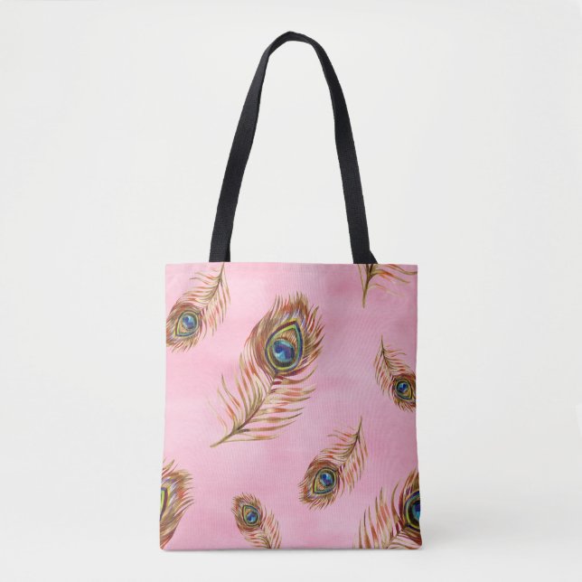Tote Bag Plumes de paon or, motif aquarelle sans couture (Devant)