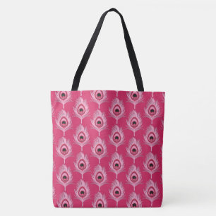 Tote Bag Plumes de paon, rose pastel sur rose Fuchsia