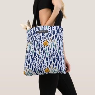 Tote Bag Plumes et fleurs Motif bleu