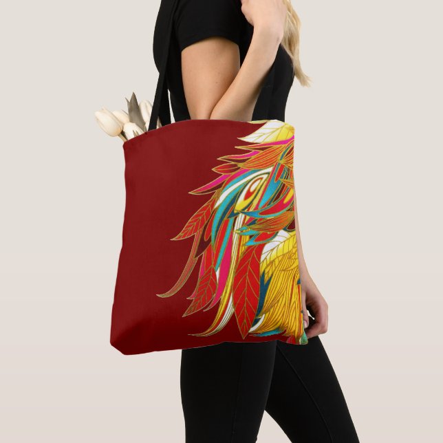 Tote Bag Plumes Exotiques sur Rouge (De près)