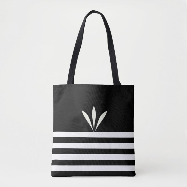 Tote Bag Plumes modernes sur rayures noires et blanches (Devant)