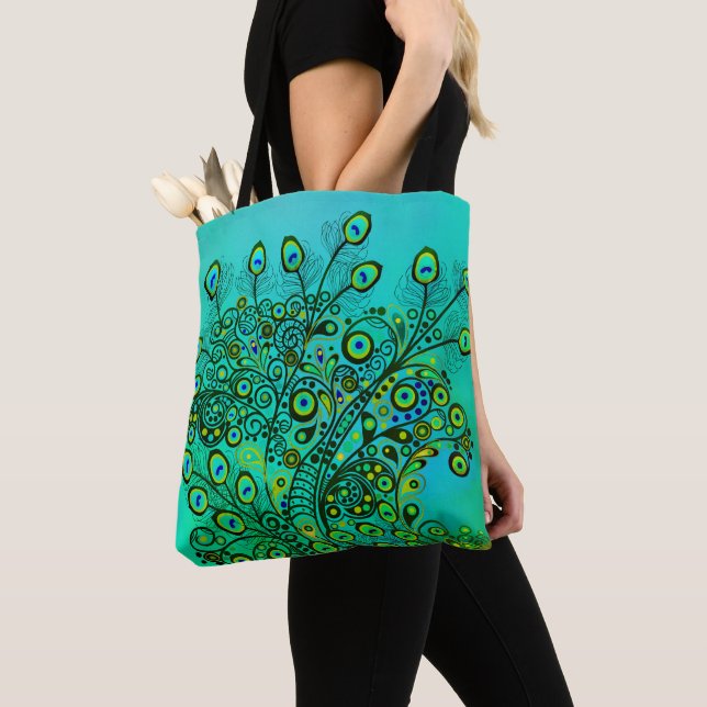 Tote Bag Plumes Peacock Trippy super (De près)