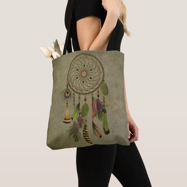 Tote Bag Plumes vertes | Boho Dreamcatcher (De près)