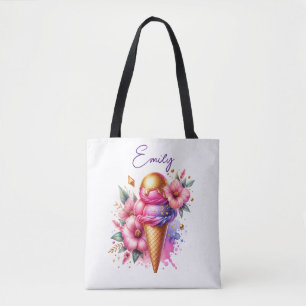 Tote Bag Plutôt rose et or Crème de glace cône Floral