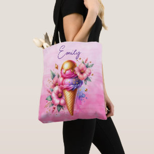 Tote Bag Plutôt rose et or Crème de glace cône Floral