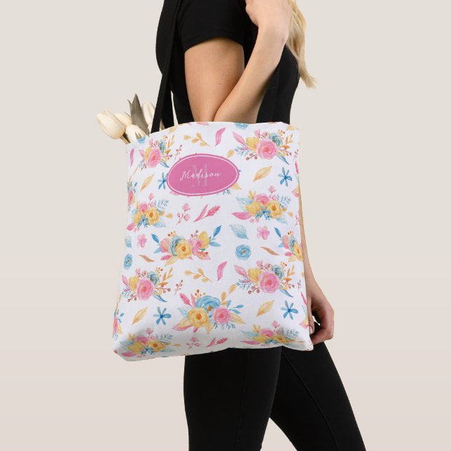 Tote Bag Plutôt rose Motif Floral Monogramme (De près)
