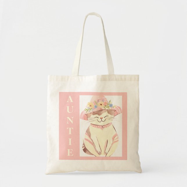 Tote Bag Poche Boho Doux Tante Chat Printemps Fleurs Casque (Devant)