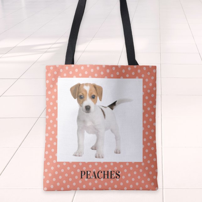 Tote Bag Poche Poche Pointe Motif Chien Photo (A peach polka dot tote bag for you to personalize with your dog's photo and name)
