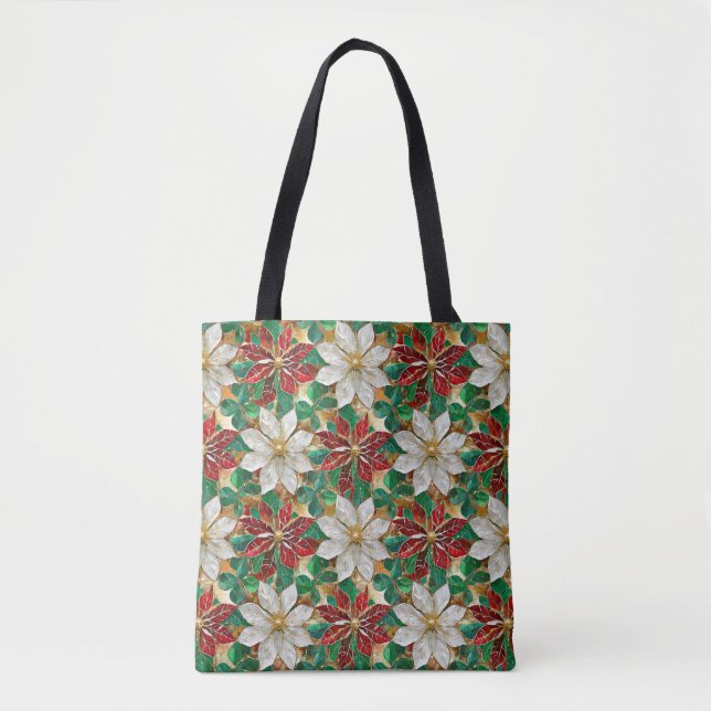Tote Bag Poinsettia Blanc Rouge Vert Or (Devant)