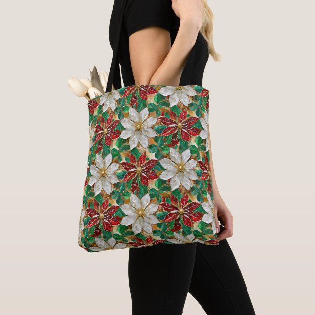 Tote Bag Poinsettia Blanc Rouge Vert Or (De près)