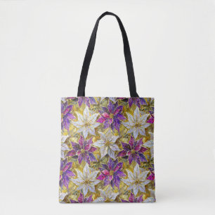 Tote Bag Poinsettias de Noël blanc or violet rose