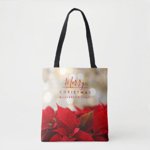 Tote Bag Poinsettias rouges avec Golden Bokeh Noël