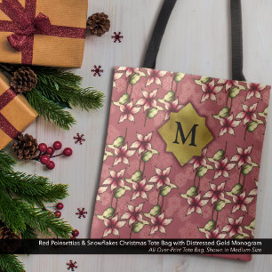 Tote Bag Poinsettias rouges et flocons de neige Monogramme
