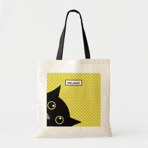 Tote Bag Point de polka curieux de jaune de chat noir