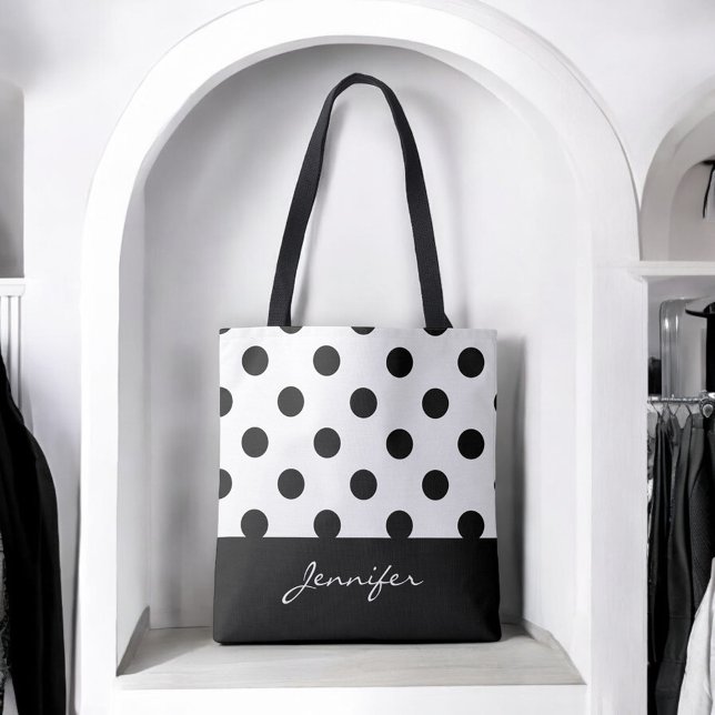 Tote Bag Points Chic Noir et Blanc avec Monogramme (Créateur téléchargé)