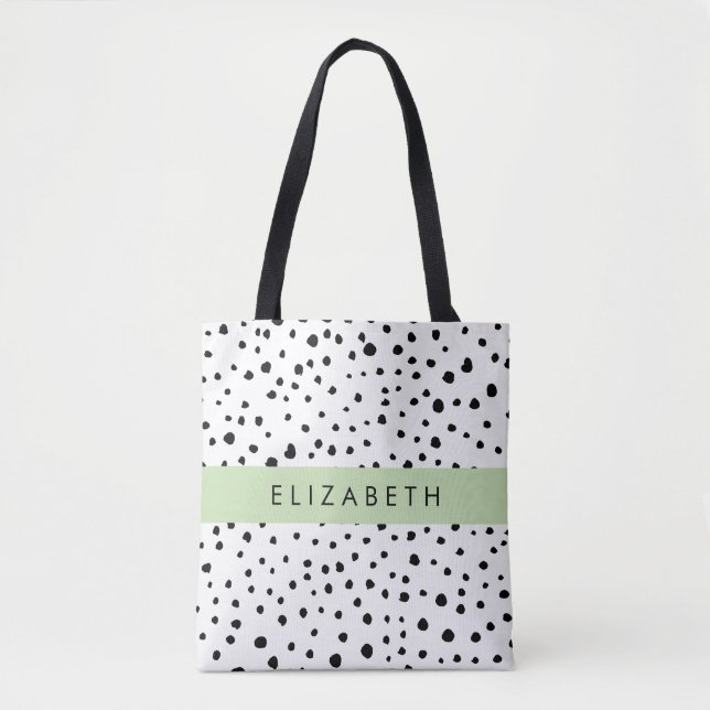 Tote Bag Points dalmatiens, Spots, Noir et Blanc, Votre nom (Devant)