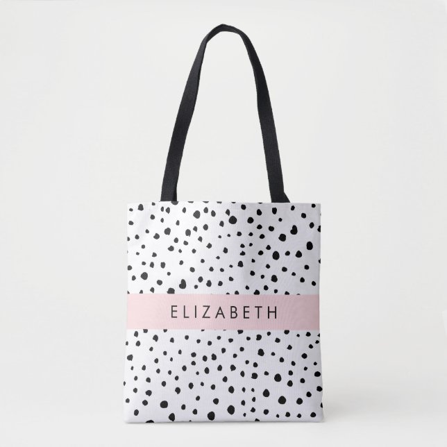 Tote Bag Points dalmatiens, Spots, Noir et Blanc, Votre nom (Devant)
