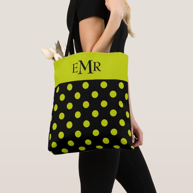 Tote Bag Points Lime Vert sur Monogramme Noir (De près)