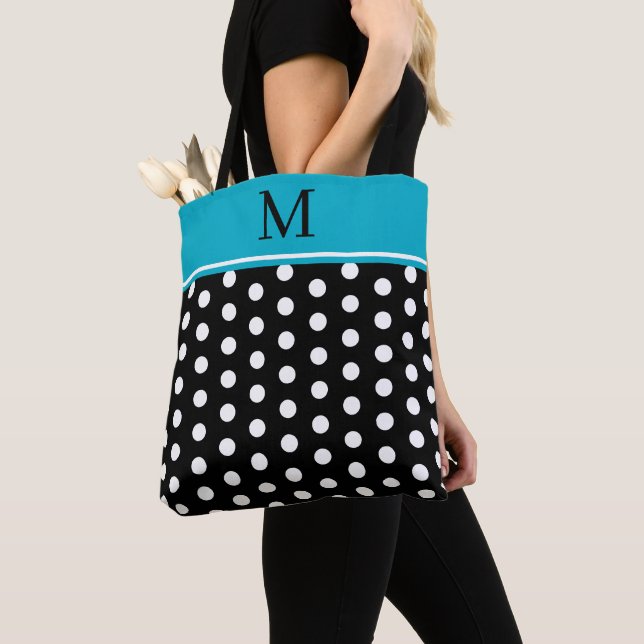 Tote Bag Points noirs et blancs avec monogramme bleu azur (De près)