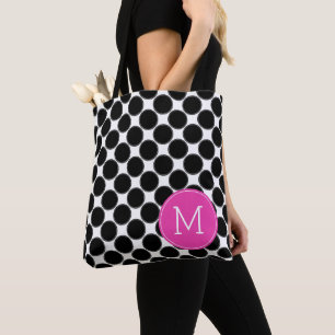 Tote Bag Points noirs gras et blancs avec monogramme rose