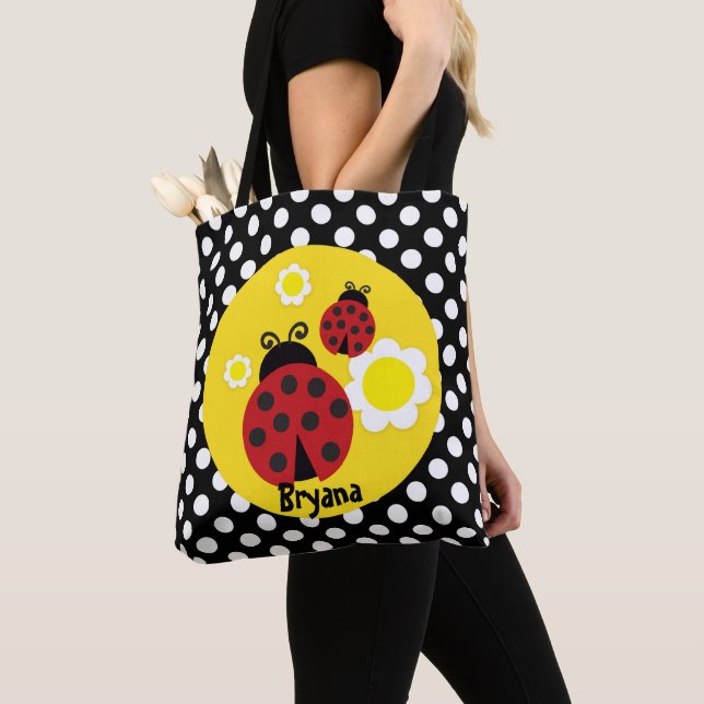 Tote Bag Points Polka Fleurs Jaunes Ladybug Rouge Fantaisis (De près)