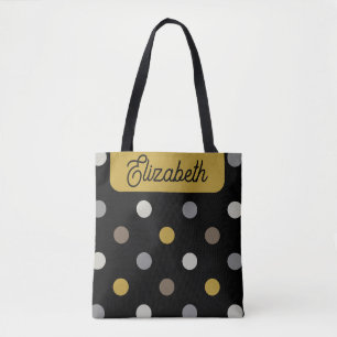 Tote Bag Points Polka Rétro Noirs Moutarde Nom Personnalisé