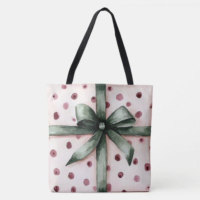 Tote Bag Points roses de Noël Ruban vert & Bow (Devant)