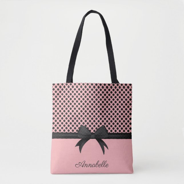 Tote Bag Points roses noirs et ruban (Devant)