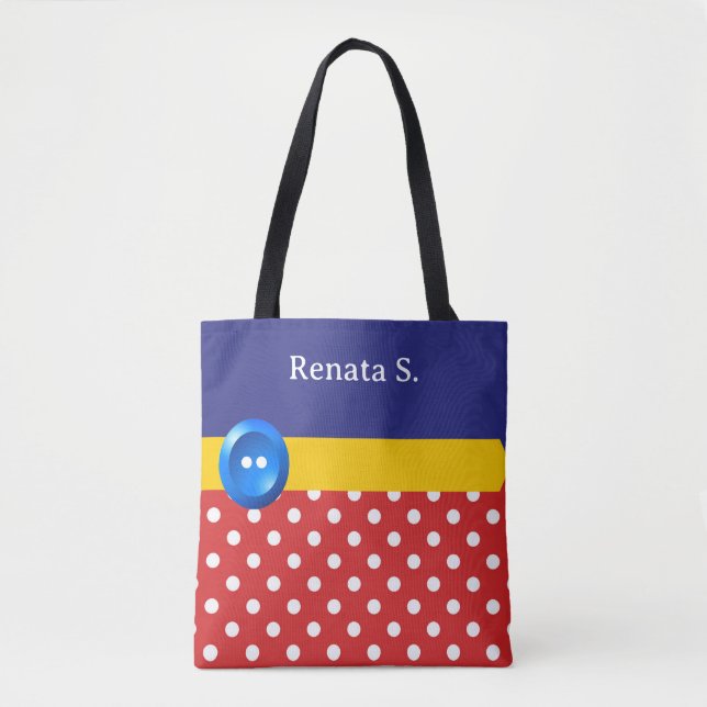 Tote Bag Points rouges et blancs et bouton bleu (Devant)