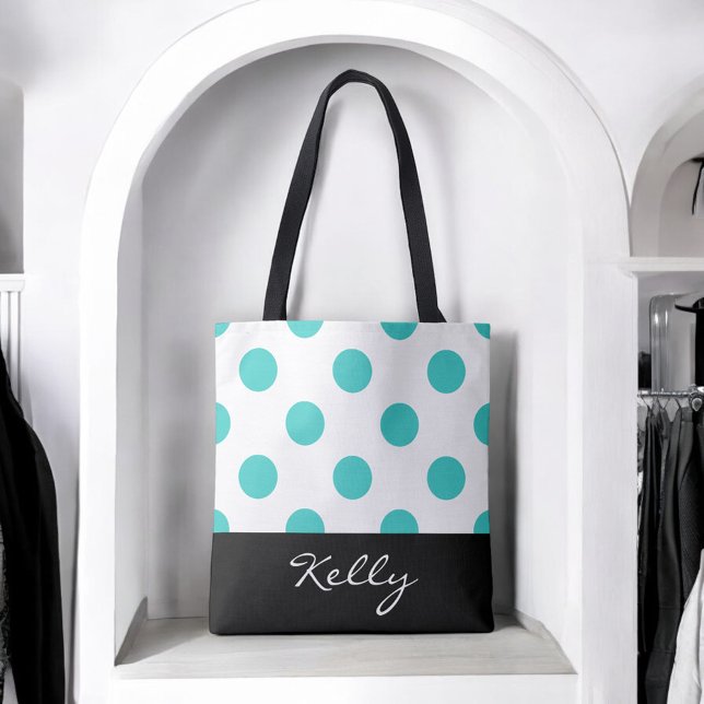 Tote Bag Points Turquoise avec Monogramme (Personalize this attractive tote with any name.)