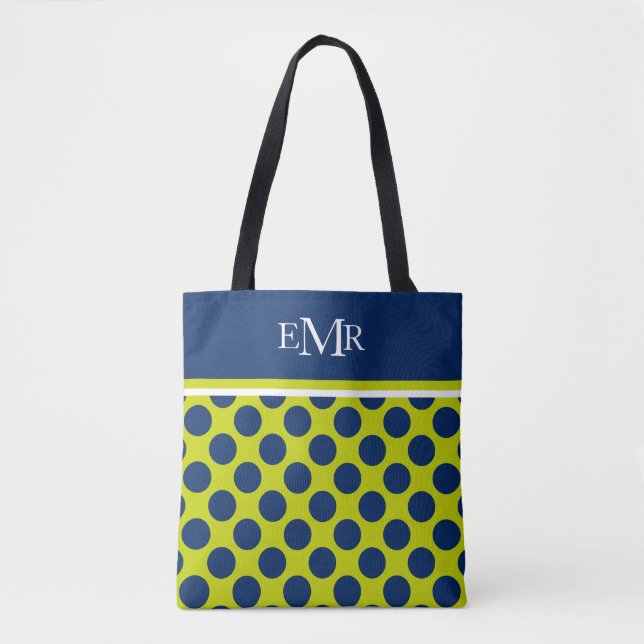 Tote Bag Pois bleus de la marine sur le monogramme vert de  (Devant)