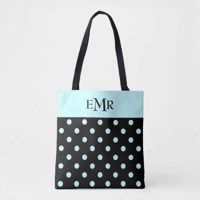 Tote Bag Pois bleus Raindrops sur Monogramme noir (Devant)