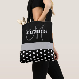 Tote Bag Pois de script de monogramme gris noir