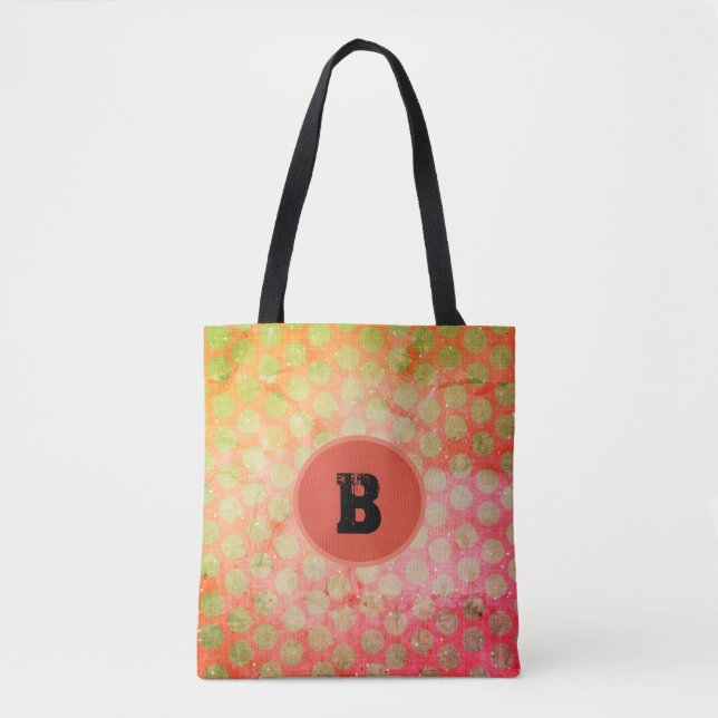 Tote Bag Pois jaunes, rouges et verts avec monogramme (Devant)
