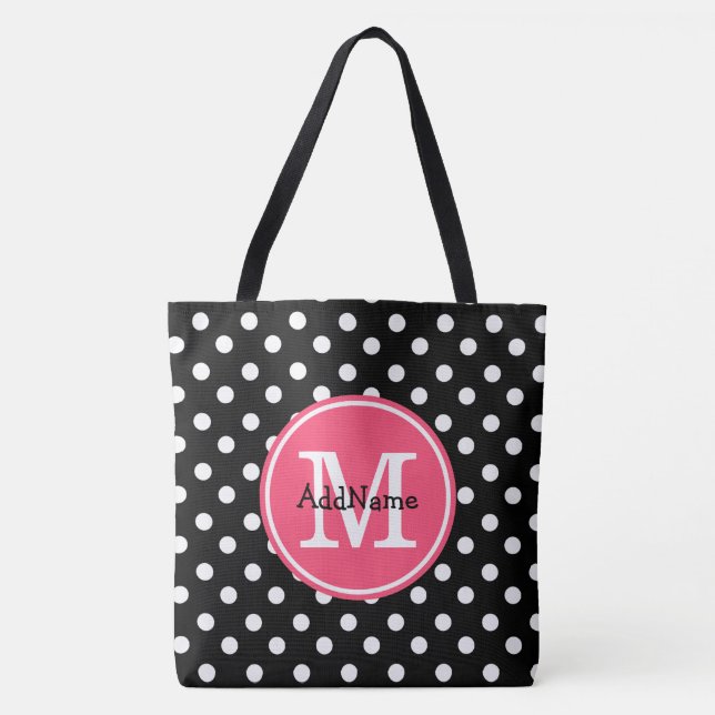 Tote Bag Pois noirs et blancs avec Monogramme rose (Devant)