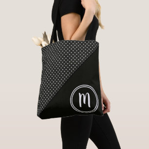 Tote Bag Pois noirs et blancs et monogramme solide