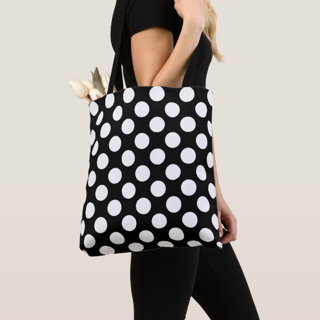 Tote Bag Pois noirs et blancs, Motif Polka (De près)