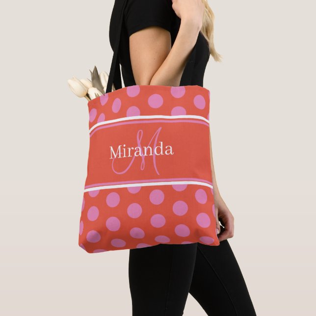 Tote Bag Pois rose monogramme (De près)
