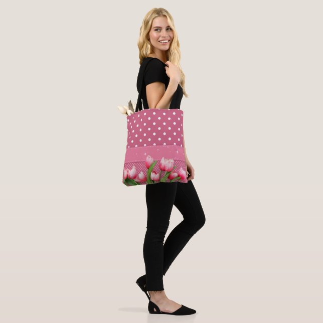 Tote Bag Pois roses et tulipes, joli design (Sur le modèle)