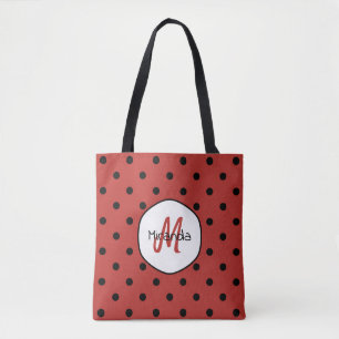 Tote Bag Pois rouge noir nom et monogramme de coccinelle
