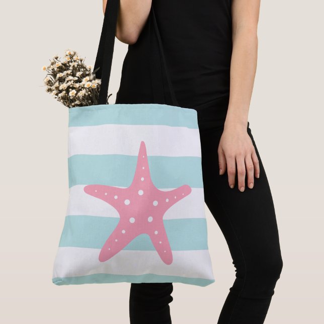 Tote Bag Poisson rose étoilé sur des rayures de menthe (De près)