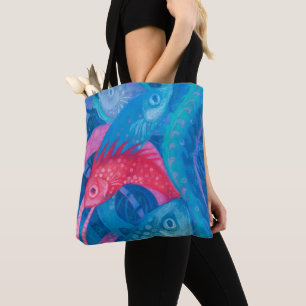 Tote Bag Poissons Roses Algues Mer Animaux Sous-marins Art