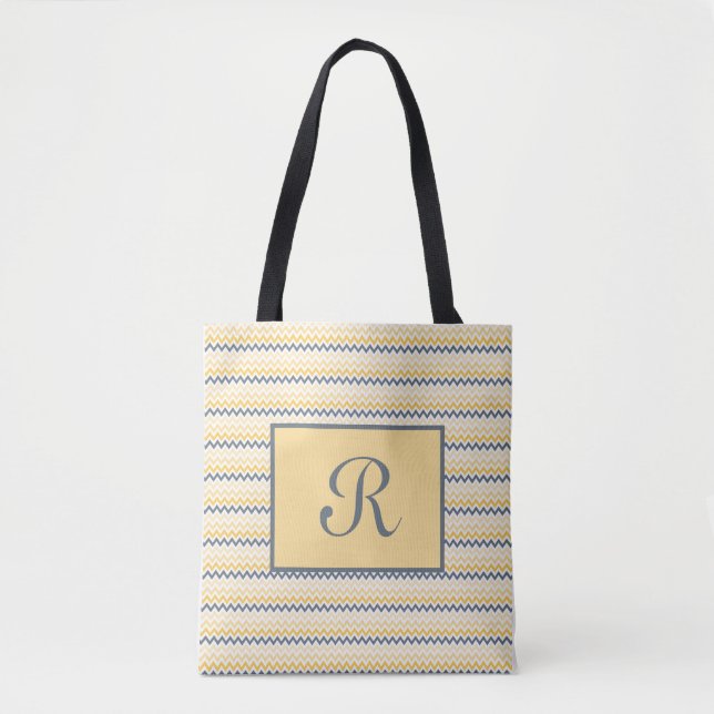 Tote Bag Police de script monogramme gris jaune Chevron (Devant)