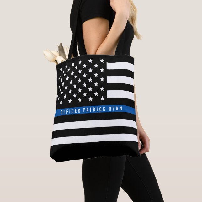 Tote Bag Police Mince Blue Line American Flag Ajouter un no (De près)