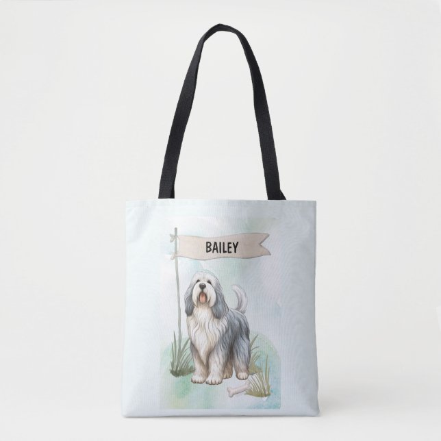 Tote Bag Polish Lowland Sheepdog Watercolor Personalize Dog (Devant)
