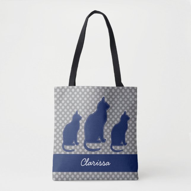 Tote Bag Polka gris avec des chats bleu marine (Devant)