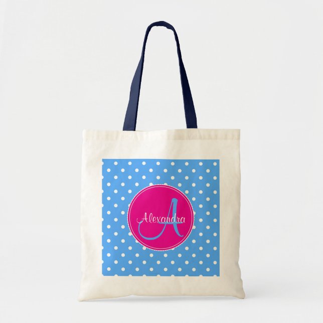 Tote Bag Polka point monogramme nom initial motif bleu rose (Devant)