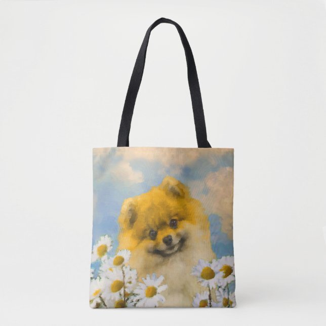 Tote Bag Poméranien dans Daisies Peinture - Art Chien origi (Devant)