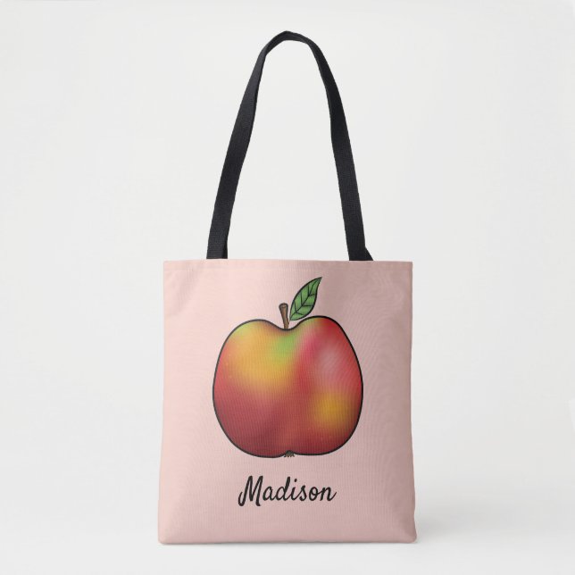 Tote Bag Pomme Carton Rouge Sur Rose Avec Nom Personnalisé (Devant)